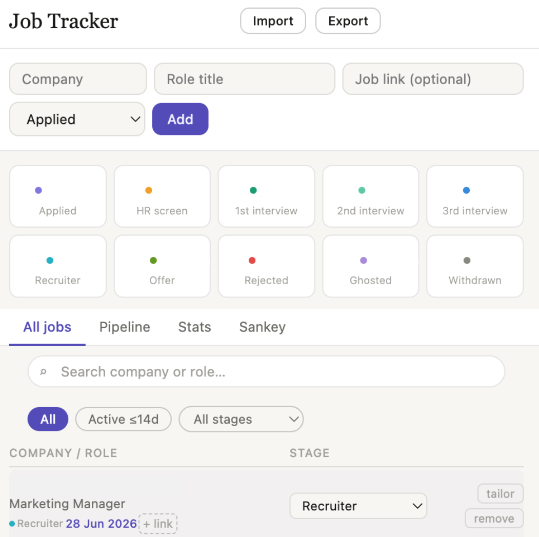 Job Tracker Chrome extension dashboard
